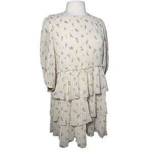 Ganni Tiered Floral Plissé Mini Dress Size US 6 Cream Romantic Boho Ruffle Dress